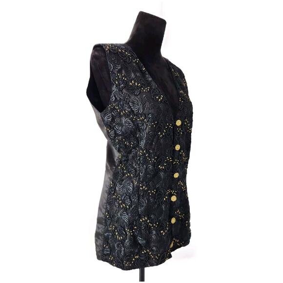 Vintage Victory Women's Black Embroidered Beaded Vest With Gold Buttons Small - Picture 2 of 6